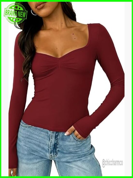 Tops - Long Sleeve Going Out Tops Pleated Sweetheart Neck Y2K Fall Tops